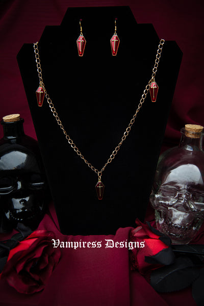 Red Coffin Necklace and Earring Set