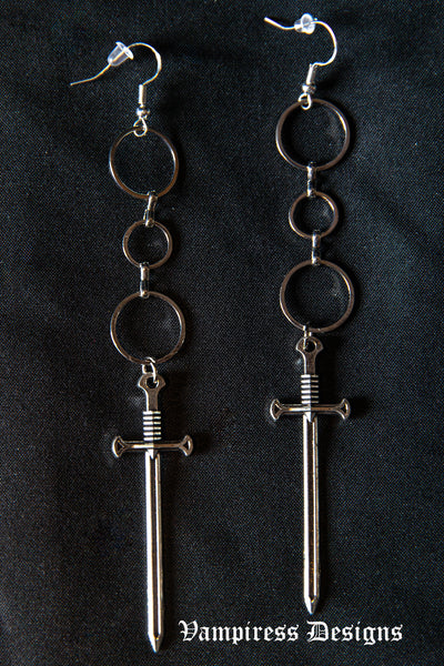 Silver Sword O-Ring Chain Earrings